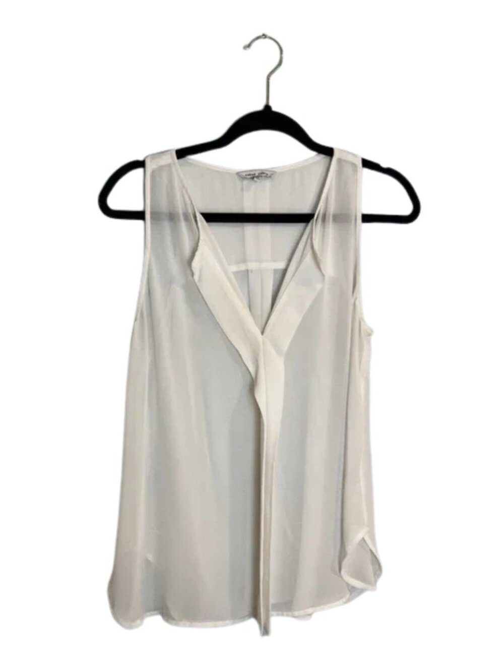 Naked Zebra Women's V-Neck With Ruffle Sleeveless Sheer Blouse Top White Size M